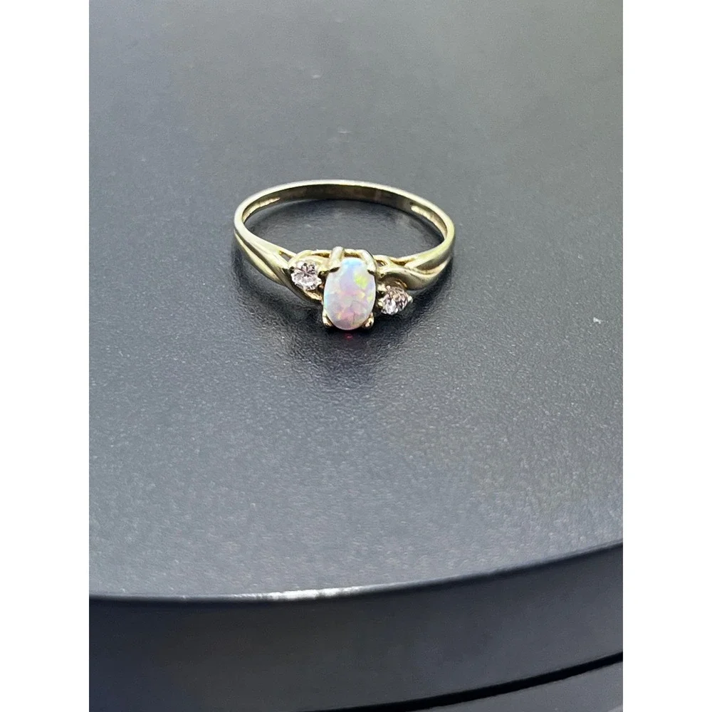 Designer Estate Vintage 10k Yellow Gold Opal CZ Swirl Ring 1.45g Signed 7.25
